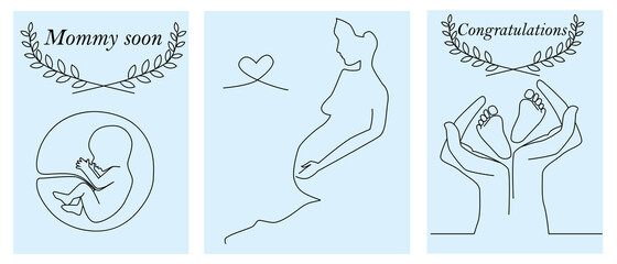 Greeting card pregnant woman. Mommy soon. Congratulation. Its a girl. Vector, poster. Pregnancy.