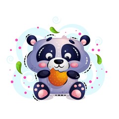 Cute hungry panda bear sits and eats cookies. Vector illustration in the style of cartoon