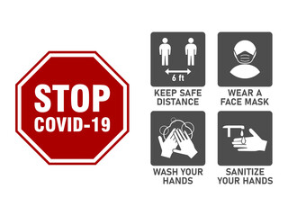 Simple Set of Instruction Icons against the Spread of the Coronavirus Covid-19, including Keep Safe Distance 6 Feet, Wear a Face Mask, Wash Your Hands and Sanitize Your Hands. Vector Image.