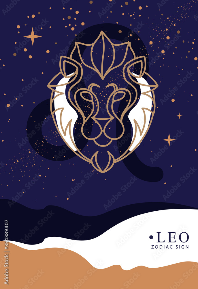 Wall mural modern magic witchcraft card with astrology leo zodiac sign. lion head logo design