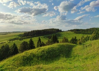 Naklejka premium blue sky with clouds over rolling hills with green grass and trees on a sunny day