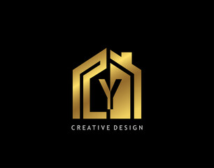 Golden Y Letter Logo. Minimalist gold house shape with negative Y letter, Real Estate Building Icon Design.