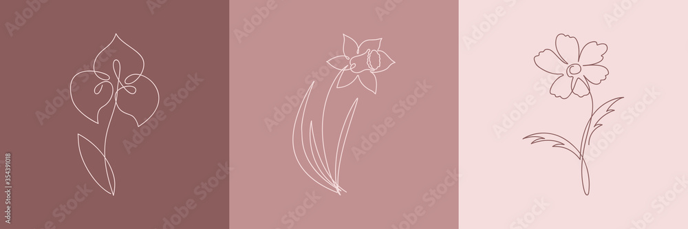 Poster simple one line drawing flowers on color background. continuous line flower in minimal style. beauty