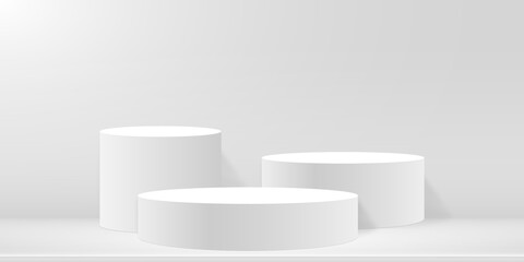 Round podium or pedestal on minimal scene platform. Mockup of studio for product presentation, branding design. 3d blank podium. Advertising stand for product. Vector illustration.