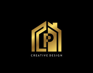 Golden P Letter Logo. Minimalist gold house shape with negative P letter, Real Estate Building Icon Design.