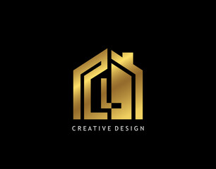 Golden L Letter Logo. Minimalist gold house shape with negative L letter, Real Estate Building Icon Design.
