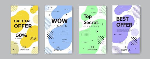 Trendy stories template. Design for social media. Geometric sale promo banners for phone application.