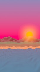 Sun Sea Beach. Sunrise. Ocean shore line with waves on a beach. Island beach paradise with waves. Vacation, summer, relaxation. Seascape, seashore. Minimalist landscape, primitivism. 3D illustration