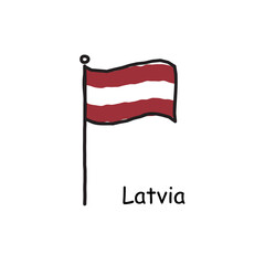 hand drawn sketchy Latvia flag on the flag pole. three color flag . Stock Vector illustration isolated on white background.
