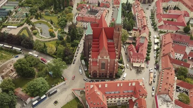 Aerial flight over the old town in europe, Poland, Wroclaw. Ostrow Tumski. Island Tumsky. Breslau.