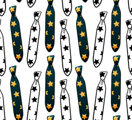 Dark blue flat style and black outline style neckties with stars print seamless pattern on white background