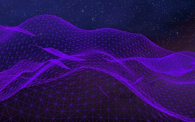 Abstract ultraviolet landscape on a dark background. Purple cyberspace grid. hi tech network. Outer space. Violet starry outer space texture. 3D illustration