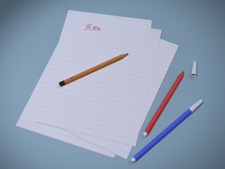 3D rendered illustration of blank lined papers, pens and pencil