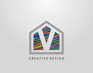 V Letter Logo. Creative house strip shape with negative letter V, Home Studio Icon Design.
