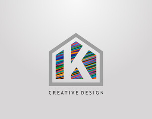 K Letter Logo. Creative house strip shape with negative letter K, Home Studio Icon Design.