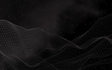 Black abstract background. Hi tech network. Cyberspace grid. Outer space. Starry outer space texture. 3D illustration