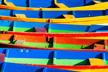Close view of colorful old wooden boats