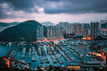 Aberdeen Typhoon Shelter, Hong Kong seen from (Brick Hill) Nam Long Shan, in Sunset time