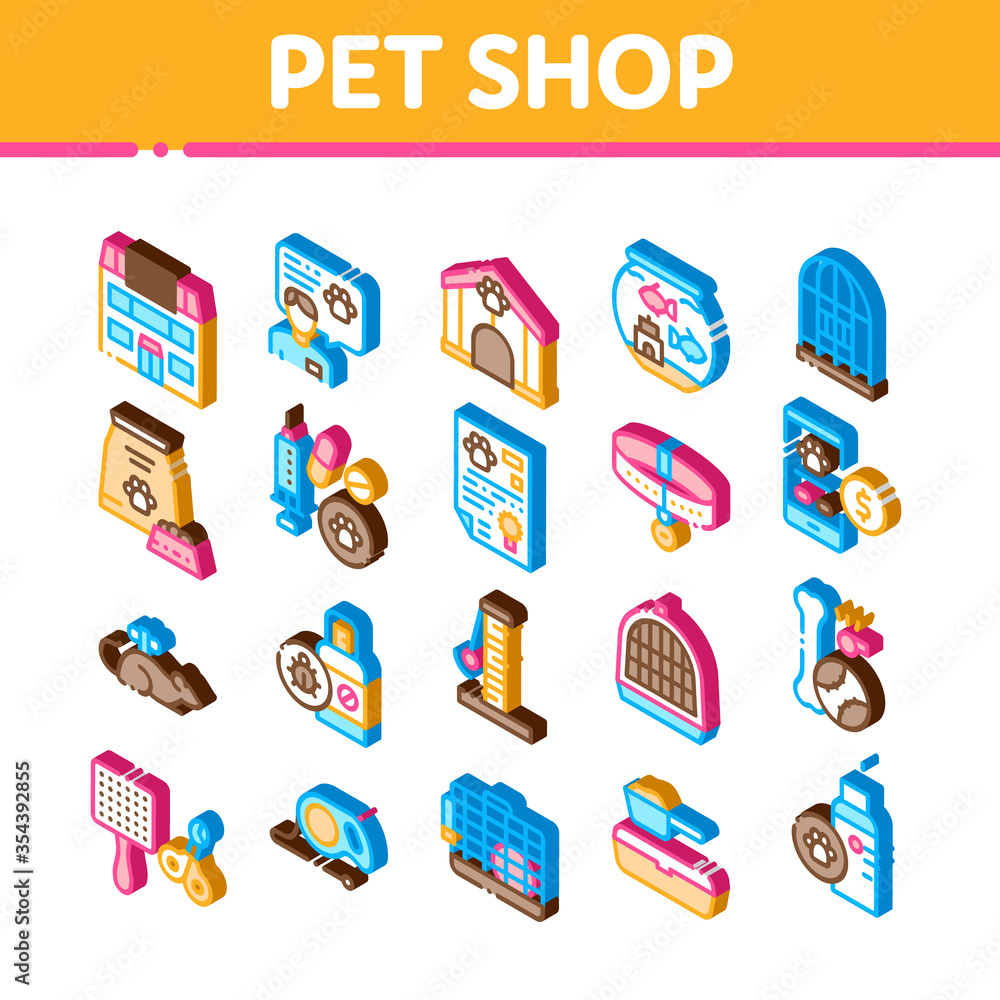 Poster Pet Shop Elements Icons Set Vector. Isometric Shop Building And Aquarium, Bowl And Collar, Gaming Accessory And Medicaments Illustrations