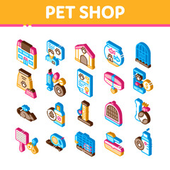 Pet Shop Elements Icons Set Vector. Isometric Shop Building And Aquarium, Bowl And Collar, Gaming Accessory And Medicaments Illustrations