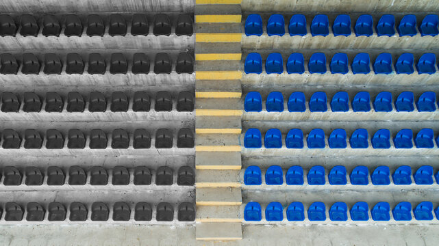 Pandemic outbreak. Empty football stadium closed and cancelled matches for safety isolation and social distance due to contagious coronavirus covid 19.
