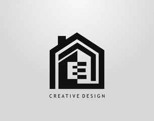 E Letter Logo. Minimalist house shape with negative E letter, Real Estate Building Icon Design.