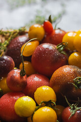 yellow and red cherry tomatoes with thyme in straw basket on dark table