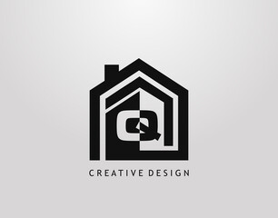 Q Letter Logo. Minimalist house shape with negative Q letter, Real Estate Building Icon Design.