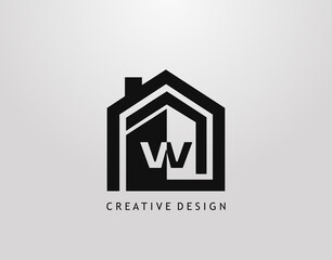 W Letter Logo. Minimalist house shape with negative W letter, Real Estate Building Icon Design.