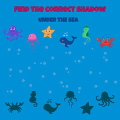 Fototapeta na wymiar Educational game for children. Find the correct shadow. Under the sea. Mini-game for children.