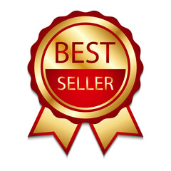 Ribbon award best seller. Gold ribbon award icon isolated white background. Bestseller golden tag sale label, badge, medal, guarantee quality product, business certificate Vector illustration