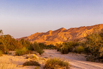 golden reflection on the desert mountains