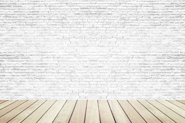 Close up of the white brick wall and wooden floor, interior room