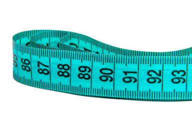 Blue rubber tape measure for sewing cloth or fabric isolated on the white