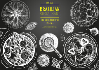 Brazilian cuisine top view frame. Brazilian food menu design. Vintage hand drawn sketch vector illustration.