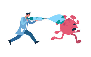 A doctor uses a vaccine from a syringe to eradicate a coronavirus . Scientists have found a vaccine against the virus. Vaccination of people from COVID-19. Health care in flat style, vector.