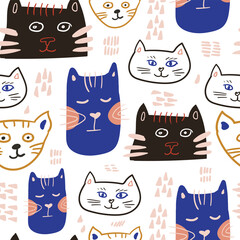 Vector seamless pattern design. Cute and funny cats isolated on the white background. Trendy animals in caps and glasses. Creative childish pink texture. Great for fabric, textile.