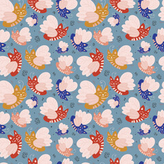 Vector seamless pattern design. Cute and funny cats isolated on the white background. Trendy animals in caps and glasses. Creative childish pink texture. Great for fabric, textile.