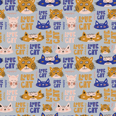 Fototapeta premium Vector seamless pattern design. Cute and funny cats isolated on the white background. Trendy animals in caps and glasses. Creative childish pink texture. Great for fabric, textile.
