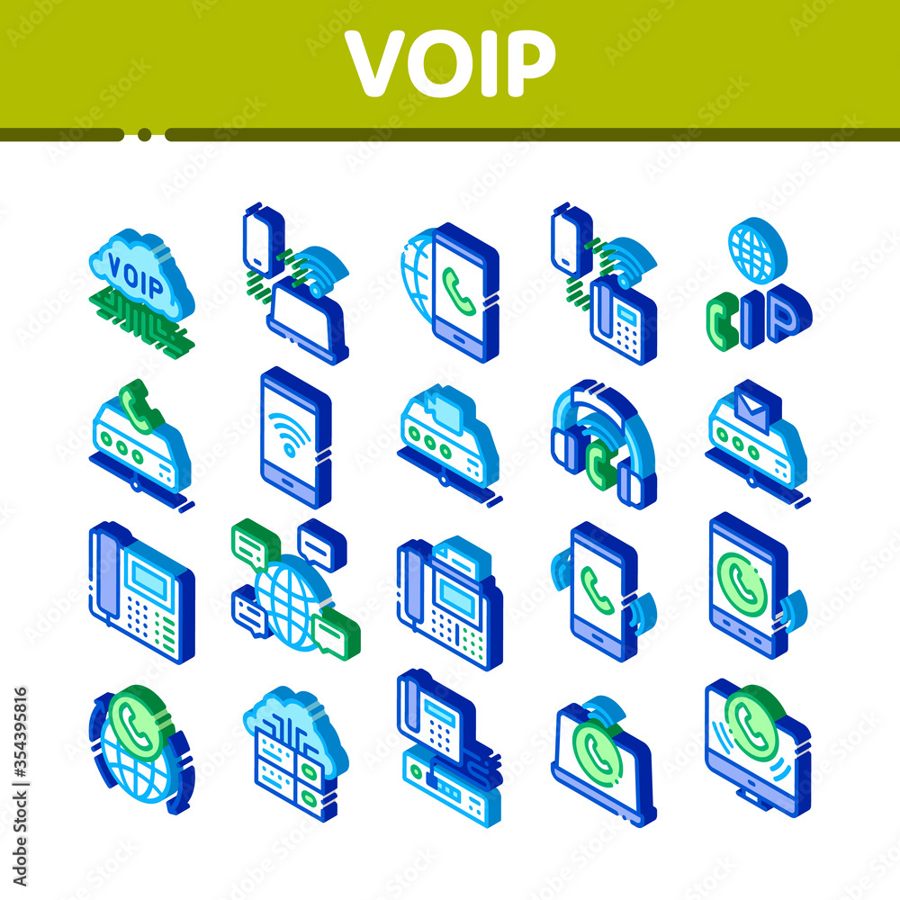 Poster voip calling system icons set vector. isometric server for voice ip and cloud, smartphone and phone,
