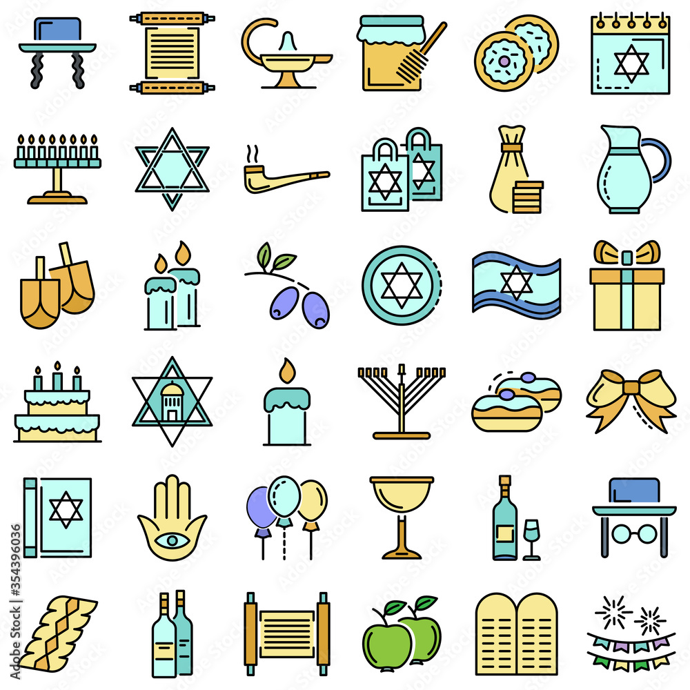 Poster hanukkah icon set. outline set of hanukkah vector icons for web design isolated on white background