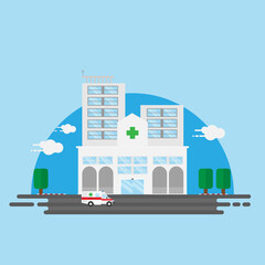Obraz premium Hospital building with ambulance flat vector design isolted on background