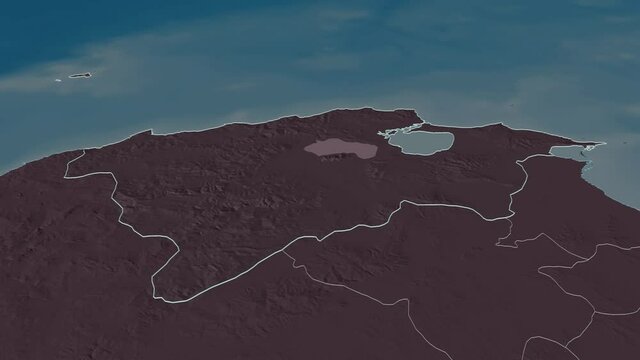 Bizerte, governorate with its capital, zoomed and extruded on the administrative map of Tunisia in the conformal Stereographic projection. Animation 3D