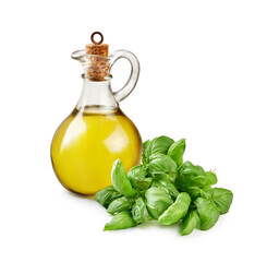 Glass jar of olive oil with basil leaves isolated on white.