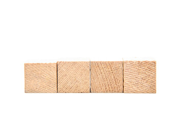 Wooden cubes on a white background. Four identical cubes lie, stand in a row together and separately, directly and at an angle. Place for text