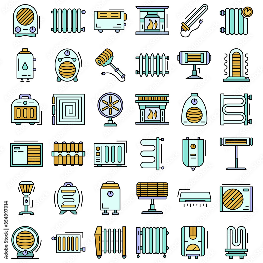 Poster electric heater icon set. outline set of electric heater vector icons for web design isolated on whi