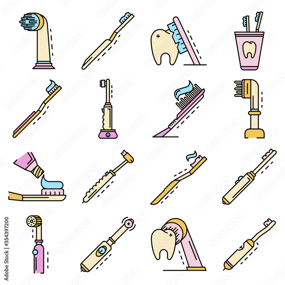 Poster toothbrush icon set. outline set of toothbrush vector icons for web design isolated on white backgro