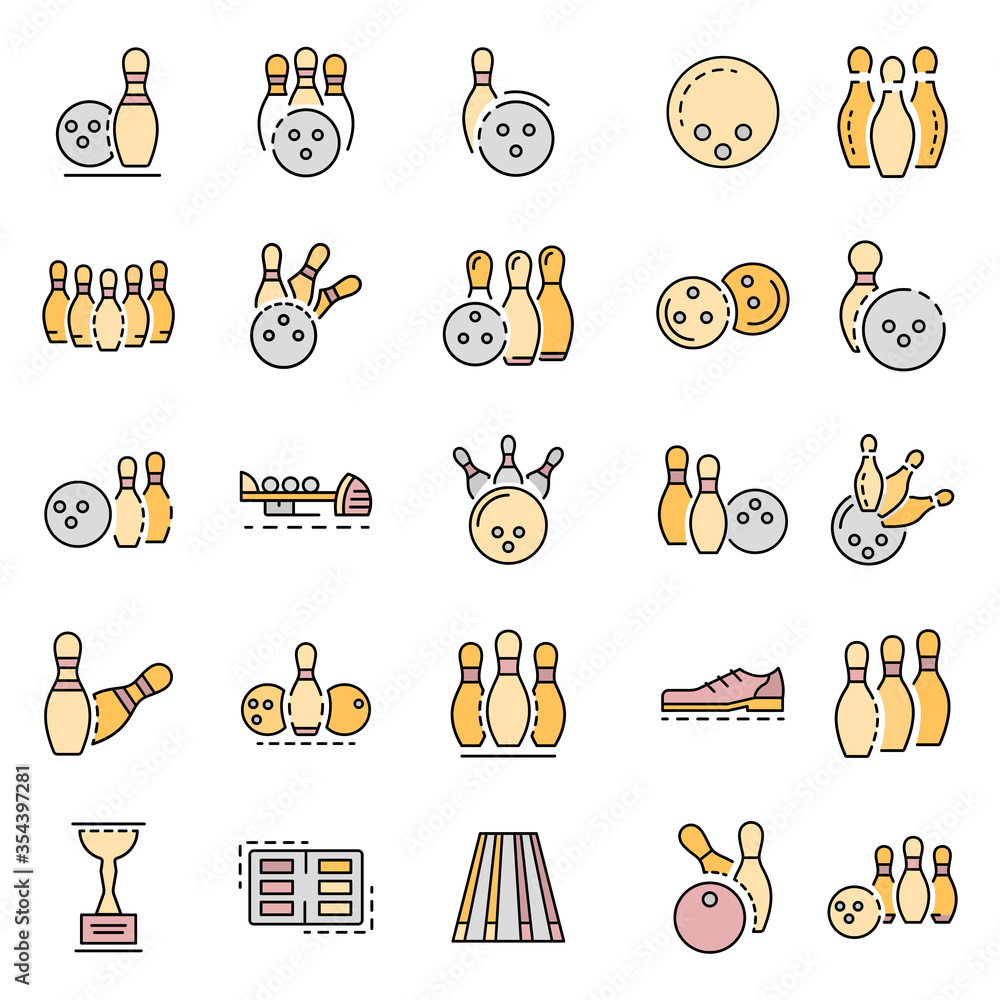 Poster bowling icon set. outline set of bowling vector icons for web design isolated on white background