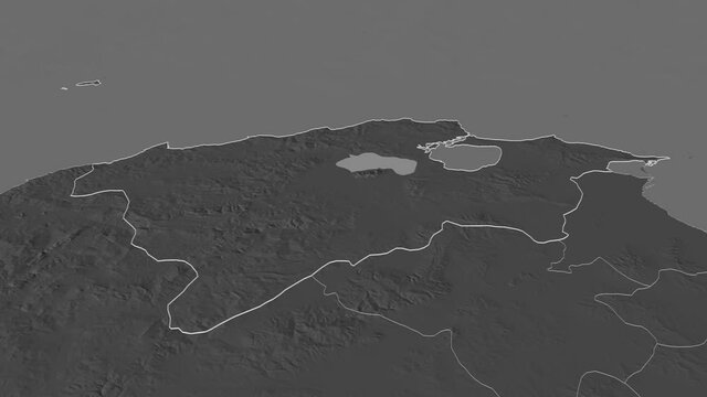 Bizerte, governorate with its capital, zoomed and extruded on the bilevel map of Tunisia in the conformal Stereographic projection. Animation 3D