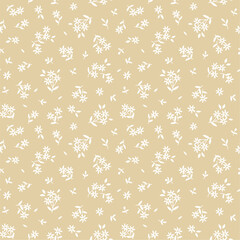Simple cute pattern in small white  flowers on beige background. Liberty style. Ditsy print. Floral seamless background. The elegant the template for fashion prints.